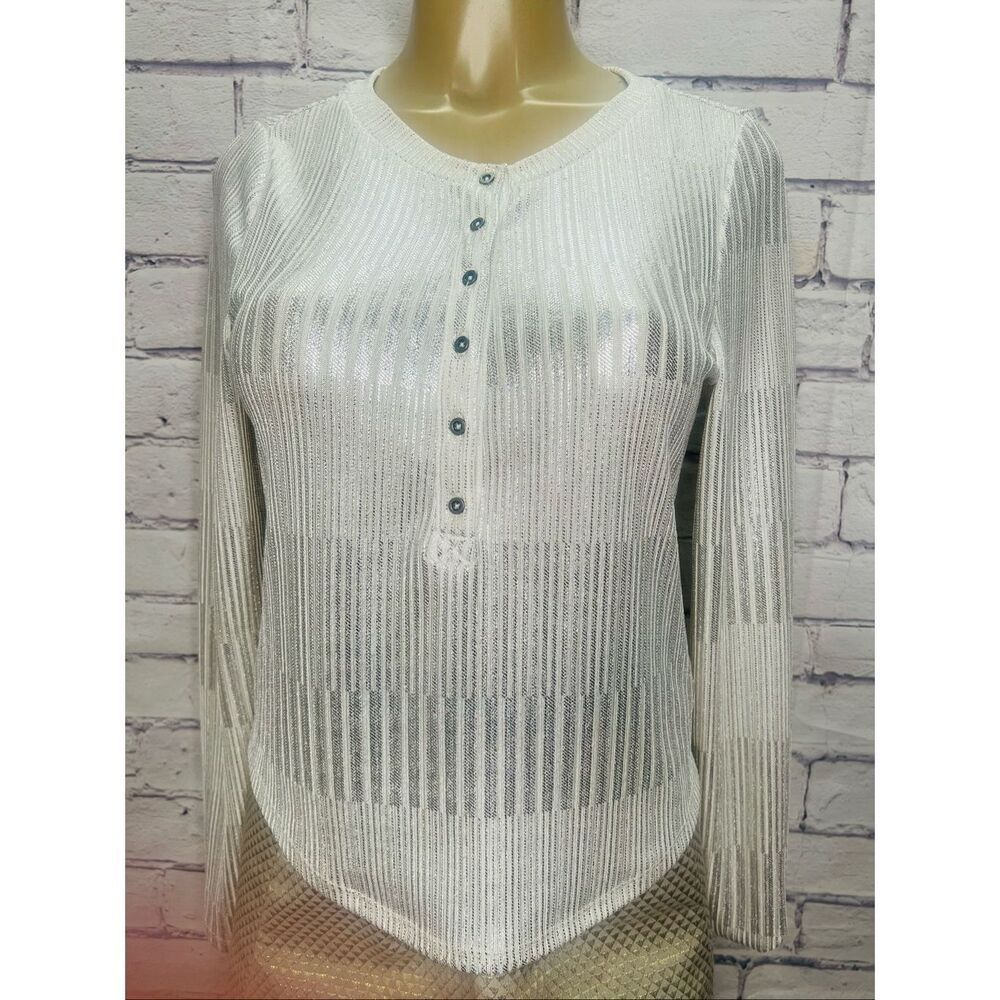 Anthropologie Pilcro Womens White Silver Andie Ribbed Shimmer Henley Top Medium